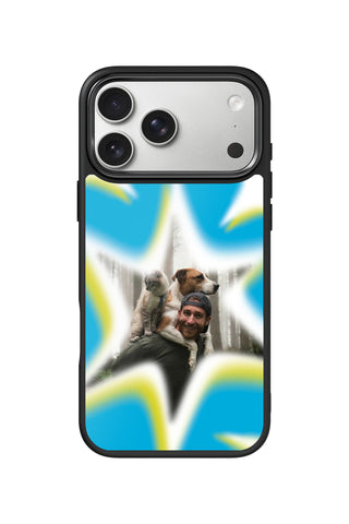 Custom Photo iPhone 18 Pro Max Case, cyan starburst frame Design by MultiCustomize