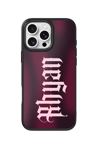 Flat lay view of personalized burgundy aura Text design on custom iPhone 16 Pro Max case by MultiCustomize