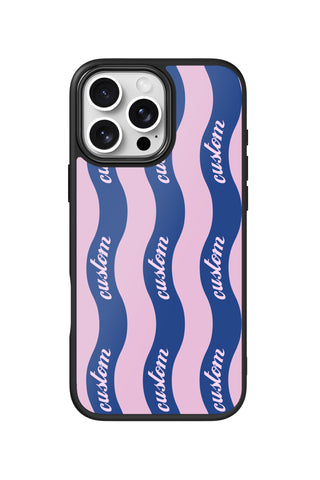 Flat lay view of personalized dopamine wavy stripe Text design on custom iPhone 16 Pro Max case by MultiCustomize
