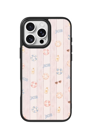Flat lay view of personalized poolside pink Text design on custom iPhone 16 Pro Max case by MultiCustomize