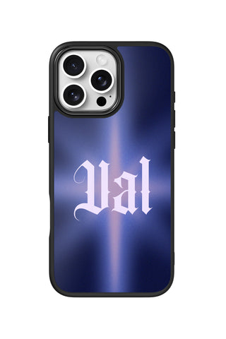 Flat lay view of personalized purple aura Text design on custom iPhone 16 Pro Max case by MultiCustomize
