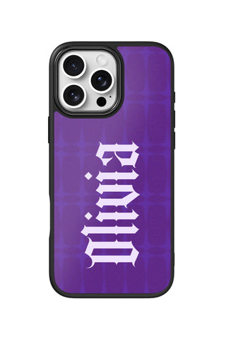 Flat lay view of personalized purple matrix Text design on custom iPhone 16 Pro Max case by MultiCustomize